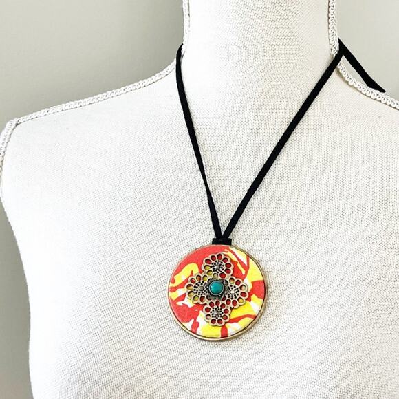 Lucky Brand Peacock Reversible Fabric Medallion Necklace - Picture 2 of 7